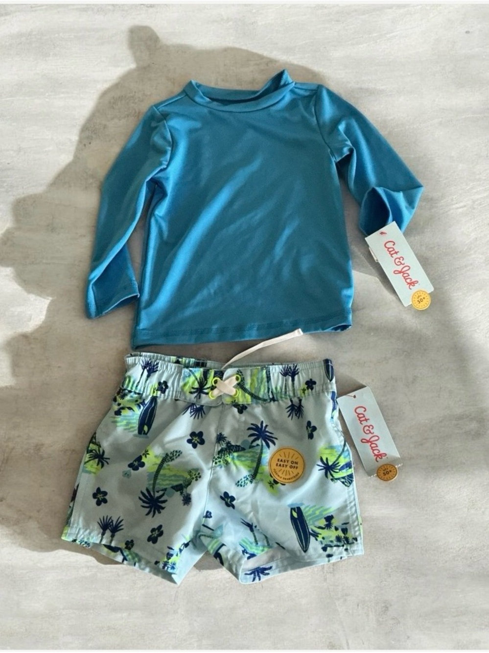 Lot of 2 Blue Long-Sleeve Rash Guard with Light Blue Palm-Print Swim Shorts